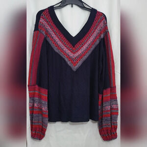 Free People Womens Navy Red V-Neck Copenhagen Long Sleeve Thermal Boho Top Sz M‎